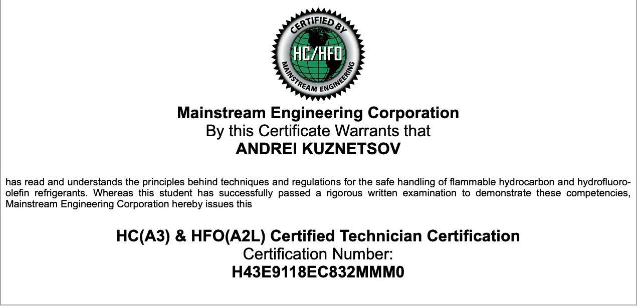 HC(A3) and HFO(A2L) Certified Technician certificate from Mainstream Engineering.
